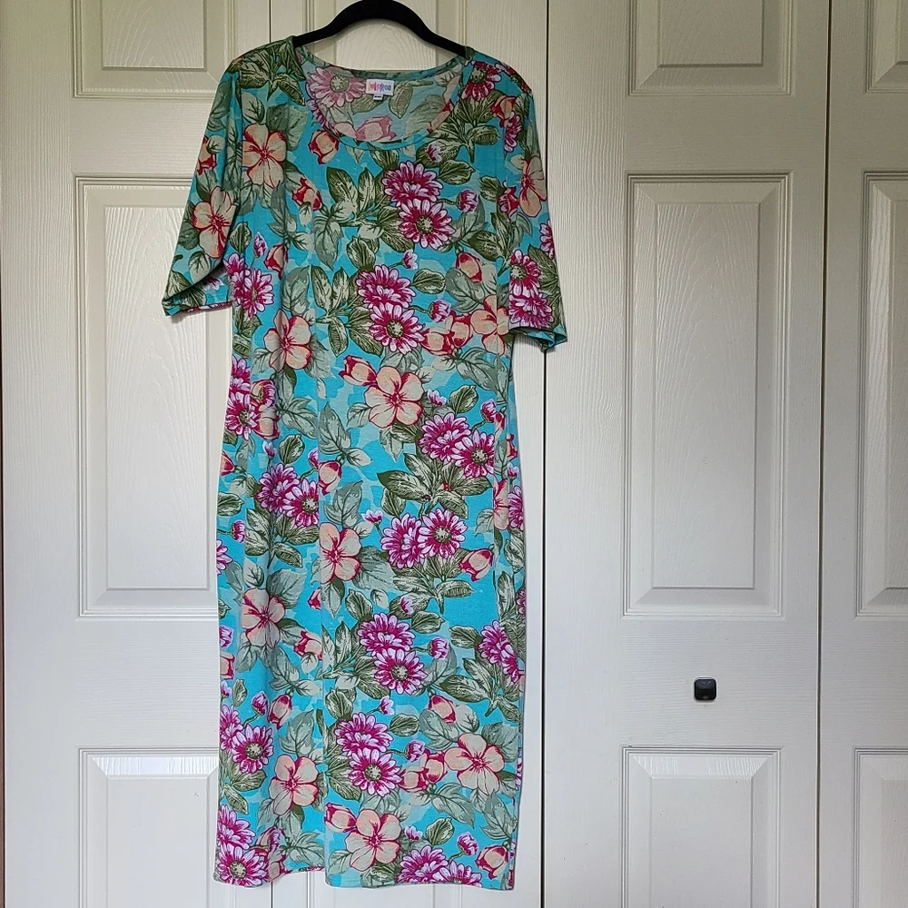 Turquoise Floral Mid-Calf Dress with Wine Pink & Peach Cream Flowers Size XXL - Picture 1 of 6